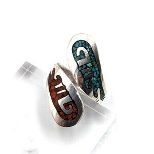 Vintage Sterling Silver 925 Turquoise And Coral Inlay Navajo Bypass Ring Sz 9
